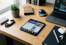 Prompt Gemini AI: Generate an Image of a Foldable Phone on a Wooden Desk gemini ai generated image