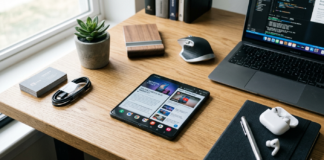 Prompt Gemini AI: Generate an Image of a Foldable Phone on a Wooden Desk gemini ai generated image