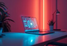 Prompt AI Design Tools: Minimalist Home Office, Transparent Glass Laptop prompt ai design canva image