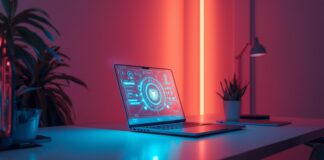 Prompt AI Design Tools: Minimalist Home Office, Transparent Glass Laptop prompt ai design canva image